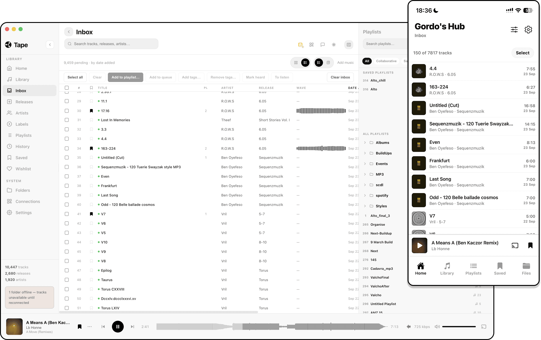 Tape Music Suite desktop library and mobile companion interface